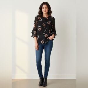 CABI Sheer Black Blouse Tan Floral Top Ruffle Quarter Sleeves Button Down XS